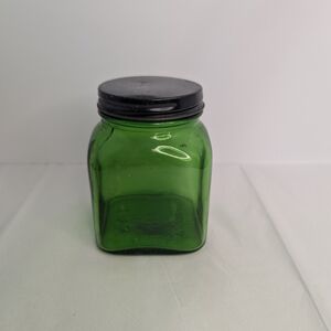 Vintage Duraglas Green Medicine Jar Square with Black Metal Lid 8 Ounces